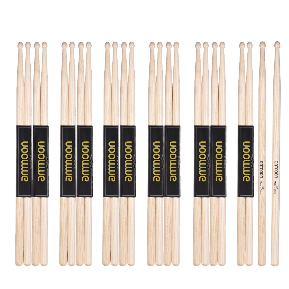 Andoer 12 Pairs of 5A Wooden Drumsticks Drum Sticks Fraxinus