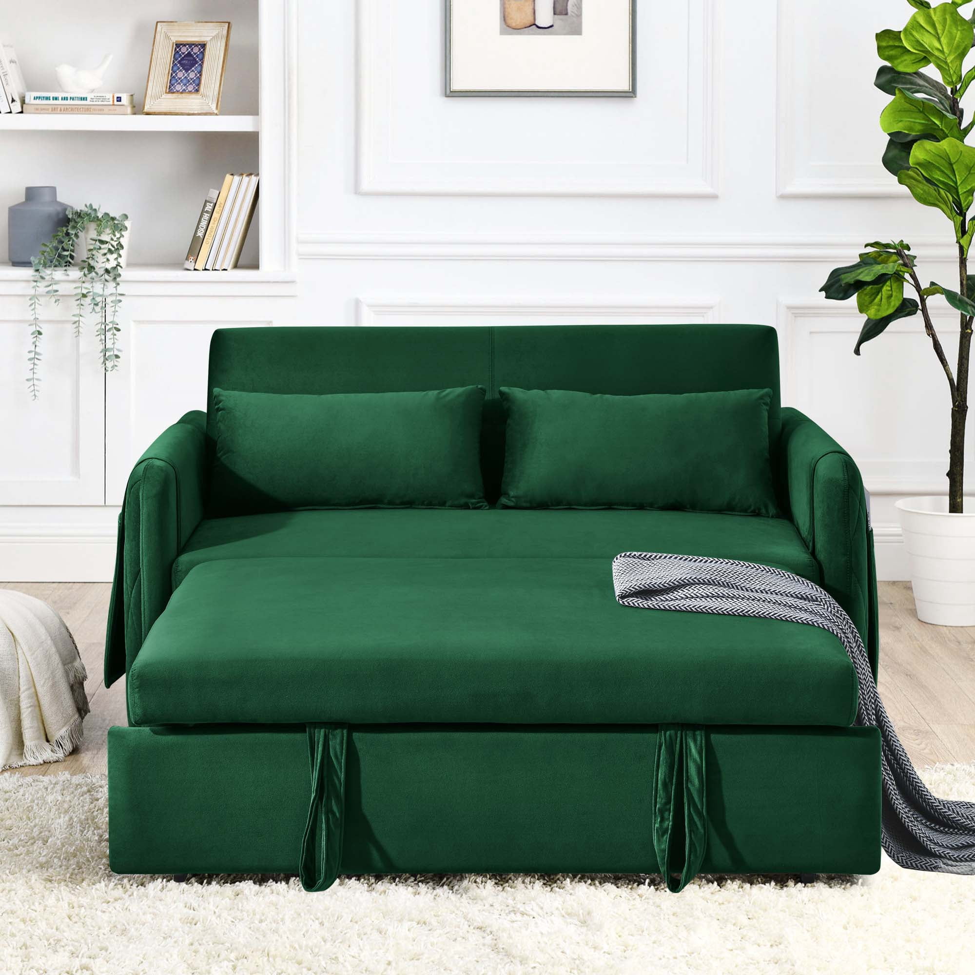 DEALTOPS 55" Modern Pull Out Loveseat Sofa Bed with 2 Detachable Arm Pockets, Green