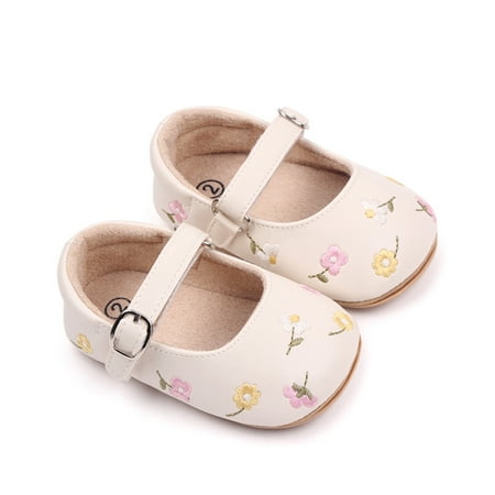 Michellecmm Baby Girls Mary Jane Flats PU Leather Infant Dress Shoes Floral Embroidery Princess Shoes