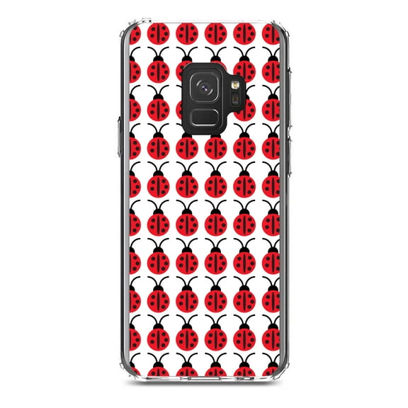 DistinctInk Clear Shockproof Hybrid Case for Samsung Galaxy S9 (5.8" Screen) - TPU Bumper, Acrylic Back, Tempered Glass Screen Protector - Red White Black Lady Bugs