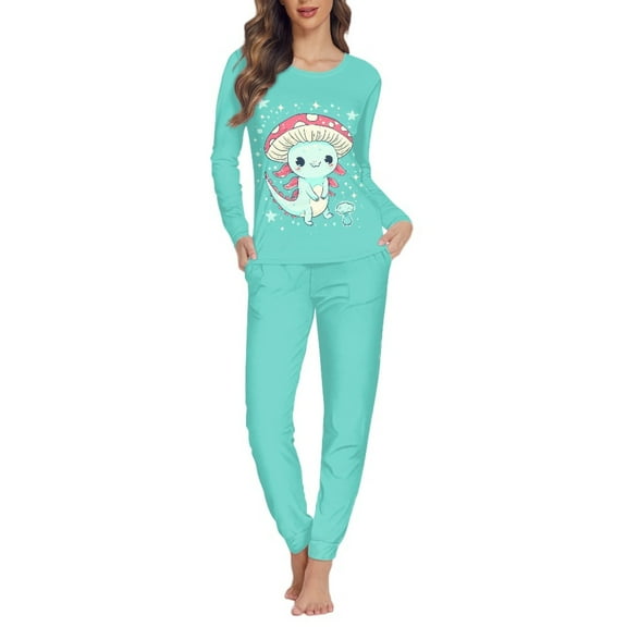 FOR U DESIGNS Mushroom Axolotl Pajamas Sets for Women 2 Piece Long Sleeve Sleepwear Size XS Pjs Lightweight Lounge Set with Pockets for Women Nightwear Soft Pajama