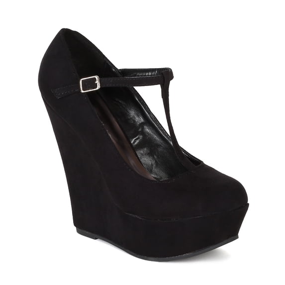 Breckelles Cilo-35 New Women Suede Round Toe Buckled Round Toe Platform Wedge