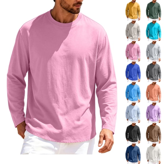 Mens Long Sleeve Shirts Men's Solid Color Round Neck Long Sleeved Casual Sports Fashion Fitness Clothes Pink L