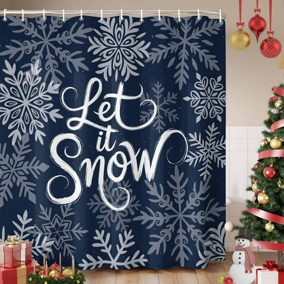 Navy Blue Christmas Shower Curtain, Retro Rustic Winter Snowflakes Xmas Waterproof Fabric Shower Curtains with 12 Hooks, Bathroom Curtain Set for Bathroom Accessories Decor, 36 x 72 Inches