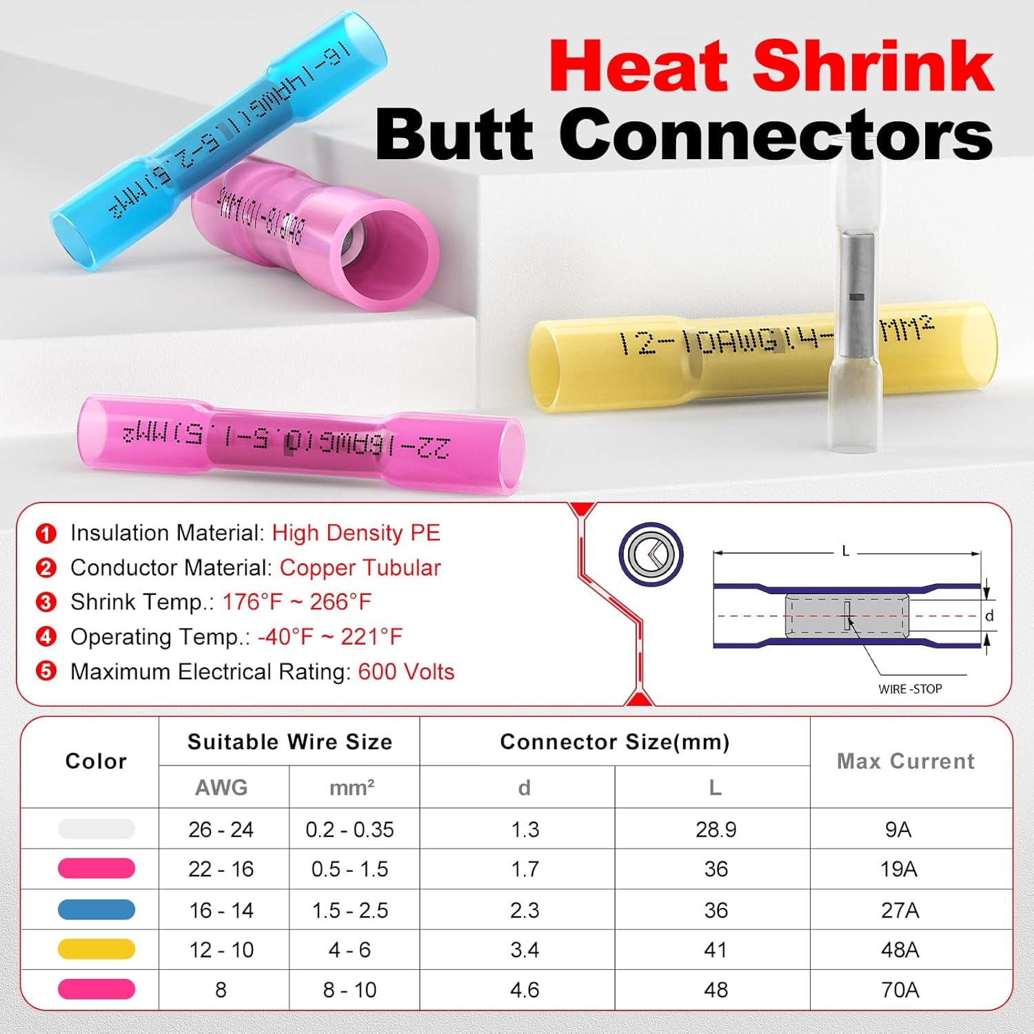Heat shrink terminal connectors 16-14, 100 pieces of waterproof electrical crimp terminals, for car repair, insulation marine grade connectors, suitable for 16,14号线, terminal connectors, blue