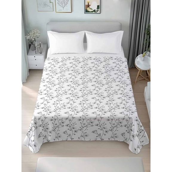 Grey Spring Floral Queen Size Flat Sheet, Wrinkleproof & Fadeproof Cooling Flat Bed Sheet Only, Elegant Watercolor Summer Botanical Breathable Soft Bedding Top Sheets 90 x 102 Inches