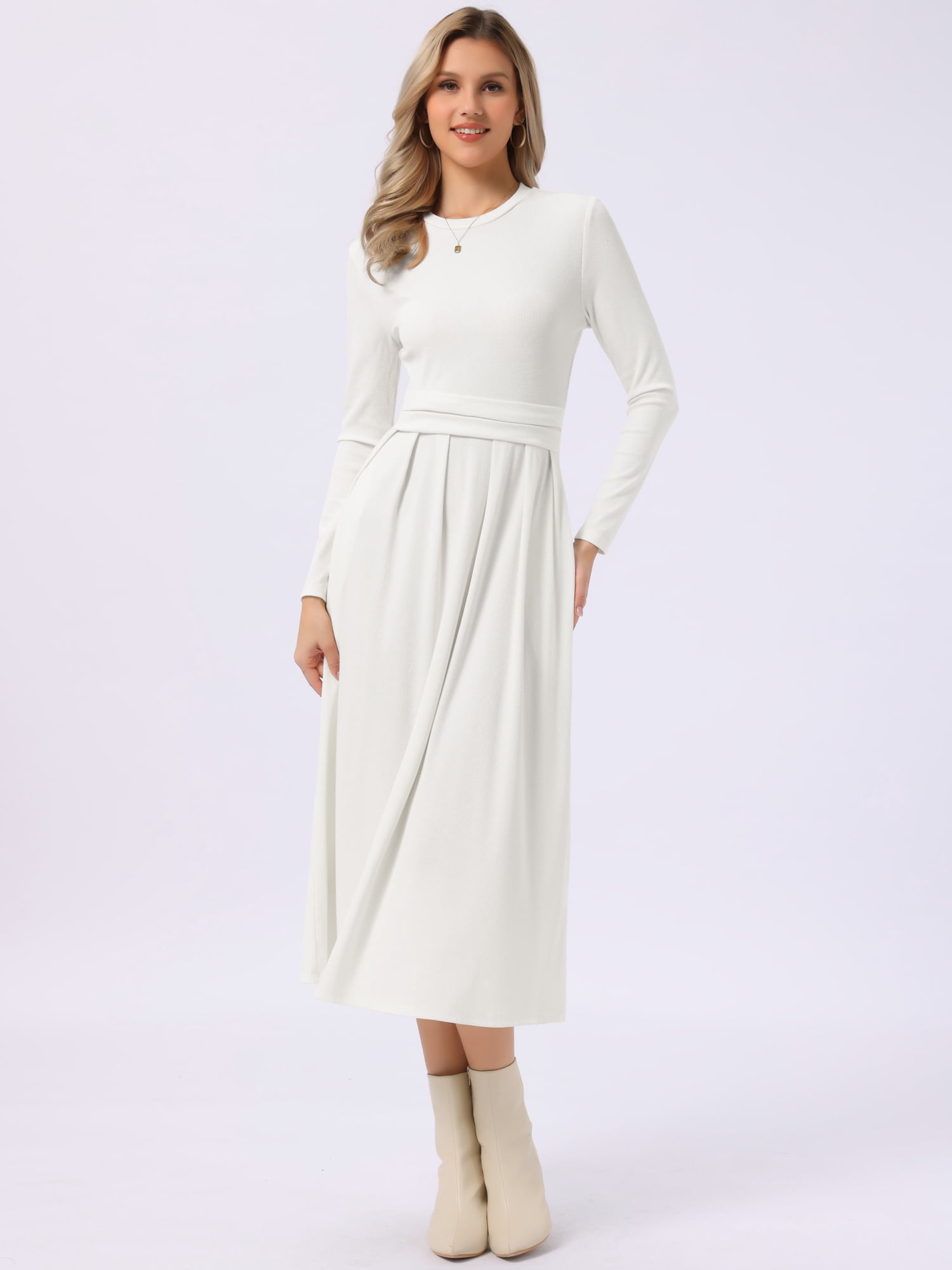 DARING DIVA Women's Long Sleeve Maxi Casual Formal Spring A-Line Dress S Beige White