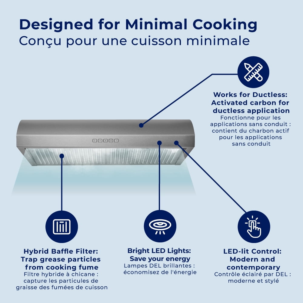 Hauslane Chef Series 30" B018 Convertible Under Cabinet Range Hood 120 Volts Minimalist 3-Way Venting 250 CFM Aluminum Filters LED in White