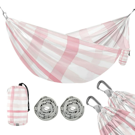 Portable Camping Hammock 300lb Capacity Single Travel Hammock Foldable Design for Backpacking, Hiking, Travel Soft Pink Stripes