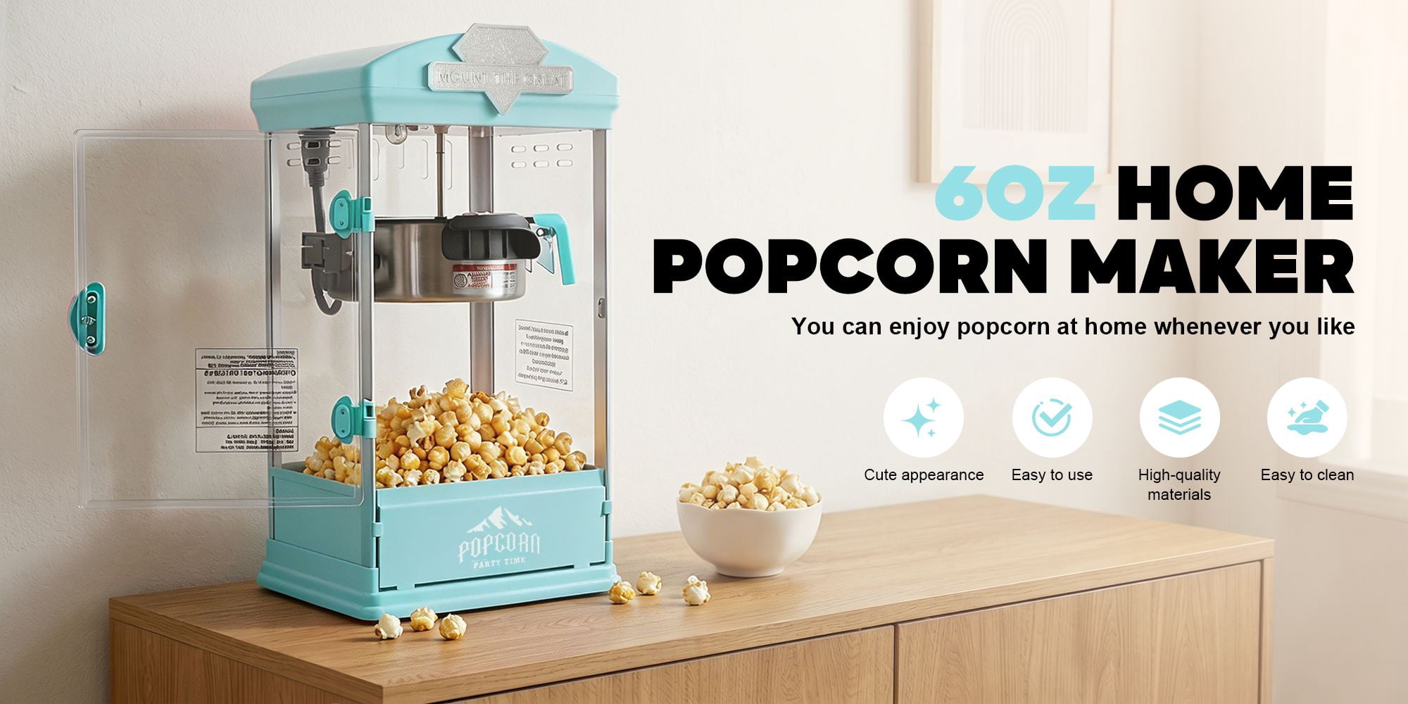 Portable Popcorn Maker Machine, 8 Ounce Kettle Popcorn Maker , Warming Deck, Countertop Popcorn Popper for Parties, Events, and Home Theater, Pink