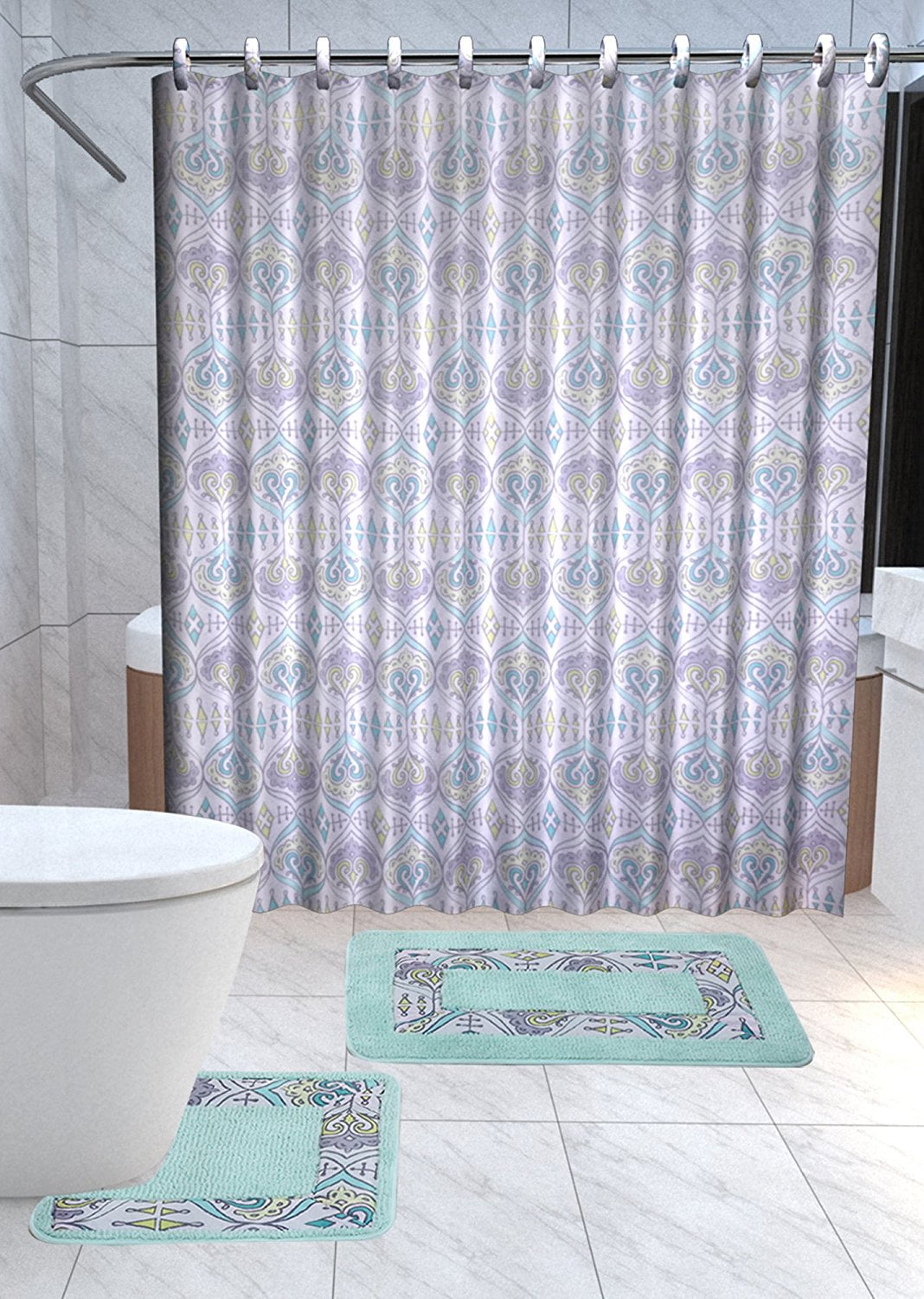 Sareena 15piece Crown Bathroom Accessories Set Rugs Shower Curtain & Matching Rings Green