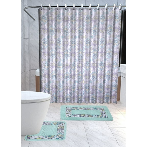 Sareena 15-piece Crown Bathroom Accessories Set Rugs Shower Curtain & Matching Rings Green & Yellow