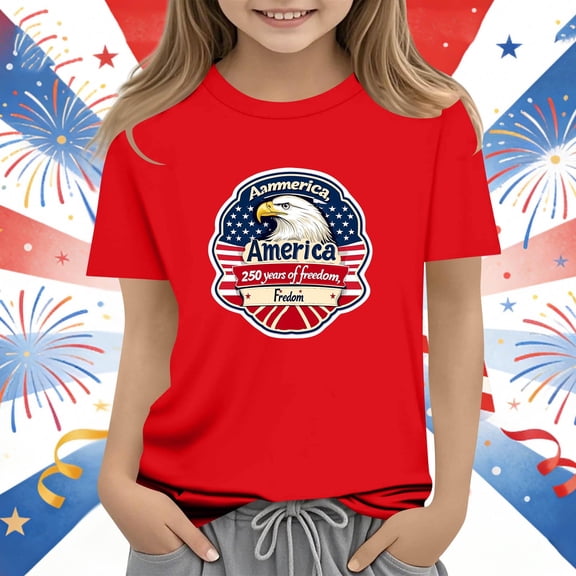 ITSAME Girls 4th of July T-Shirts Independence Day Short Sleeve Tops Kids American Flag Graphic Tee Red Size 13-14