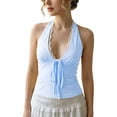 thumbnail image 2 of Halter Tops for Women Lace V Neck Tie Back Bow Front Slim Fitted Sleeveless Cropped Y2k Going out Tank Top, 2 of 7