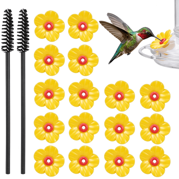 ACDANC 16 Pcs Hummingbird Feeder Replacement Flowers,Yellow Replacement Flowers for Hummingbird Feeders with 2 Cleaning Brush,Hummingbird Feeder Parts for Outdoor Hanging Feeders(Yellow)