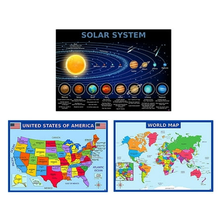 OUNONA Solar System and Geography Map Poster Set for Classroom Walls, Educational Kids Learning Wall Decor
