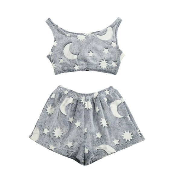 Yuanlong Womens Pajama Sets Halloween Fluffy Fuzzy Tank Tops Shorts Glow In The Dark 2-Piece Pajamas Winter Party Homewear Ladies Fashion Nightwear