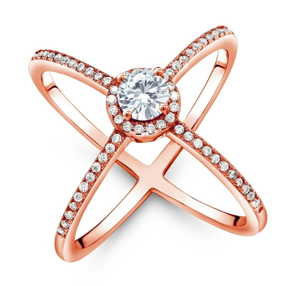Gem Stone King 18K Rose Gold Plated Silver Criss Cross X Ring Set with Moissanite (1.32 Cttw) (Size 5)