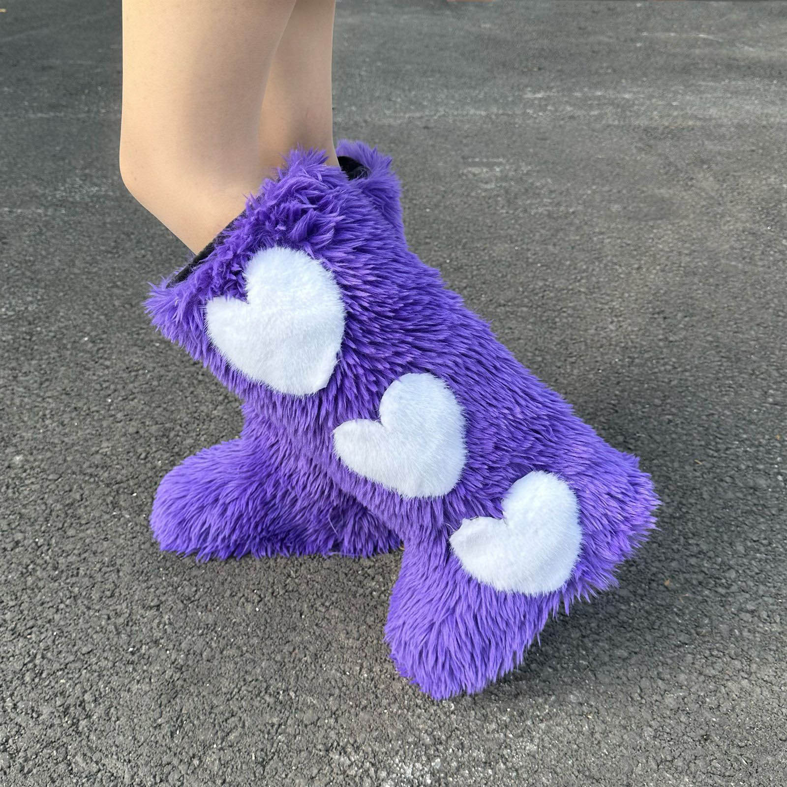 Xfvqtps Womens Plush Furry Snow Boots Knee High with Heart Decor