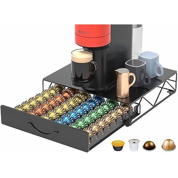 Coffee Pod Drawer, 48 Vertuoline Coffee Pods Holder, Pods Storage Drawer Holder for 36 K Cup, Metal Coffee Station for Nespresso Vertuo Capsules for Home Office Counter, Black