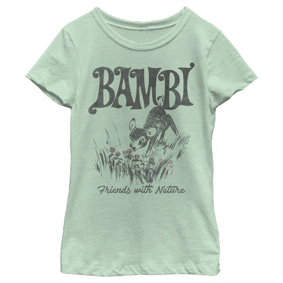 Girl's Bambi Friends With Nature Artistic Sketch Graphic Tee Mint Medium