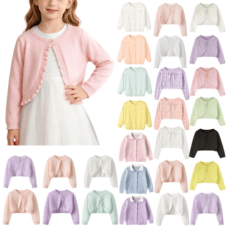Girls Long Sleeve Knitted Bolero Cardigan Button Down Sweater Cover Ups Cute Soft Casual Cropped Jackets (2T Pink)