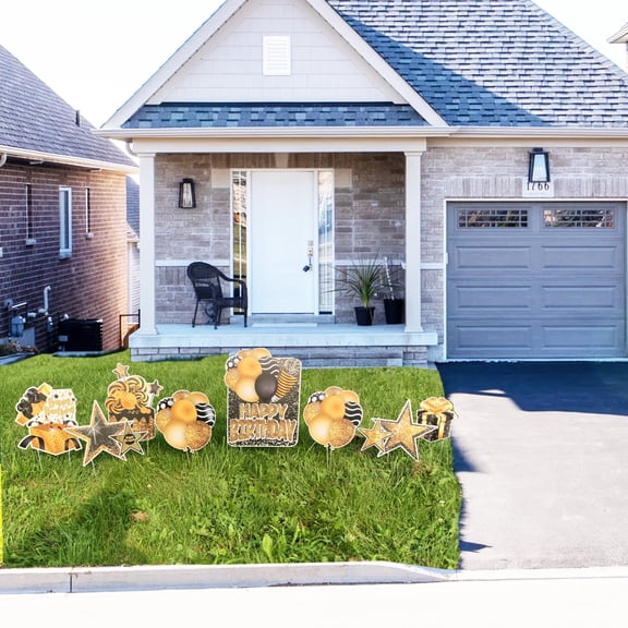 Happy Birthday Small Yard Black & Gold Yard Sign Decoration Set, Happy Birthday Lawn Signs, 8 Pieces (19483)