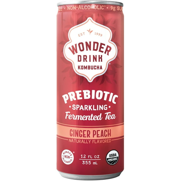 Wonder Drink 12 fl. oz. Organic Ginger Peach Prebiotic Kombucha Can - 12/Case