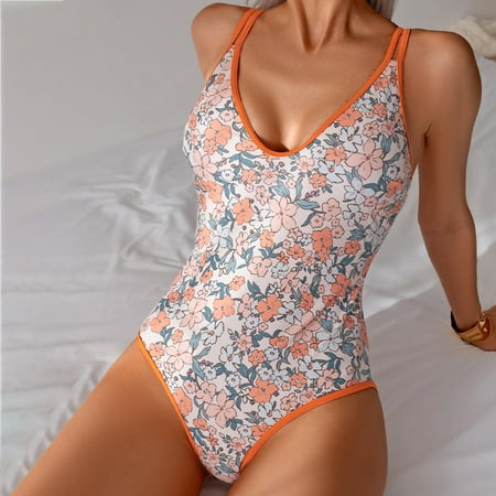 Clearance! Yajing Women s One-Piece Swimsuits Printed Conservative V Neck Fashion Temperament Swimsuit S Orange