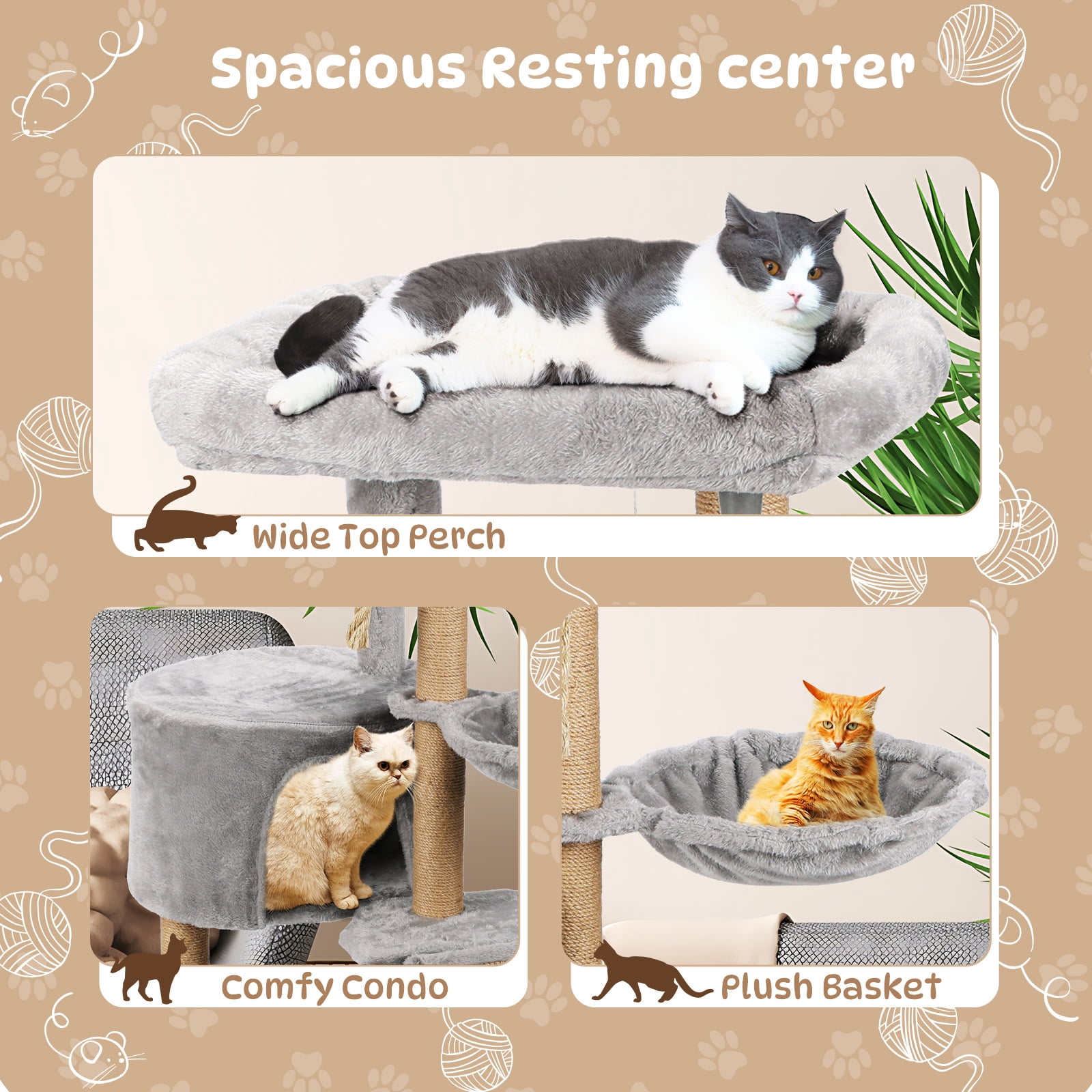Zephypaws Cat Tree, 42.5-Inches Cat Tower for Indoor Cats, Plush Multi-Level Kitten Cat Condo with Scratching Post,Ramp, Basket, Spacious Cat Cave, Hanging Ball, Light Gray