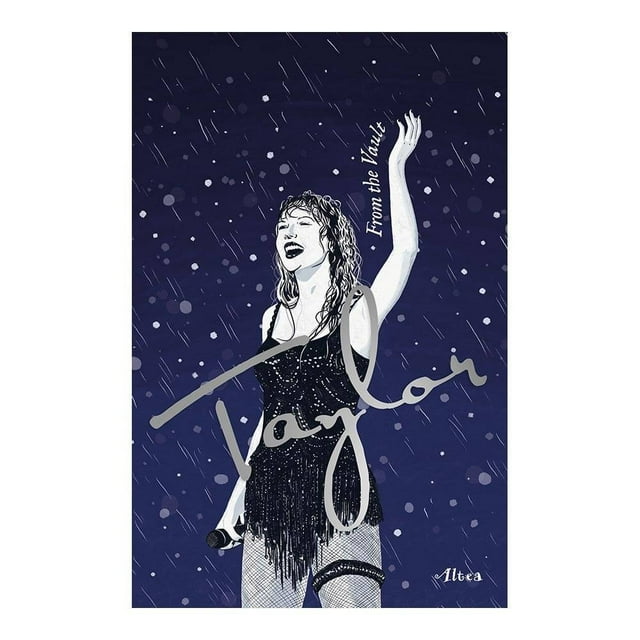 Taylor: From The Vault Altea Penguin Random House novela juvenil book cover showing an illustrated female singer in a black fringed outfit holding a microphone with one arm raised, set against a dark blue background with rain and snow effects, featuring the title in large script and the publisher's name, suitable for fans preserving memories of Taylor's music legacy.