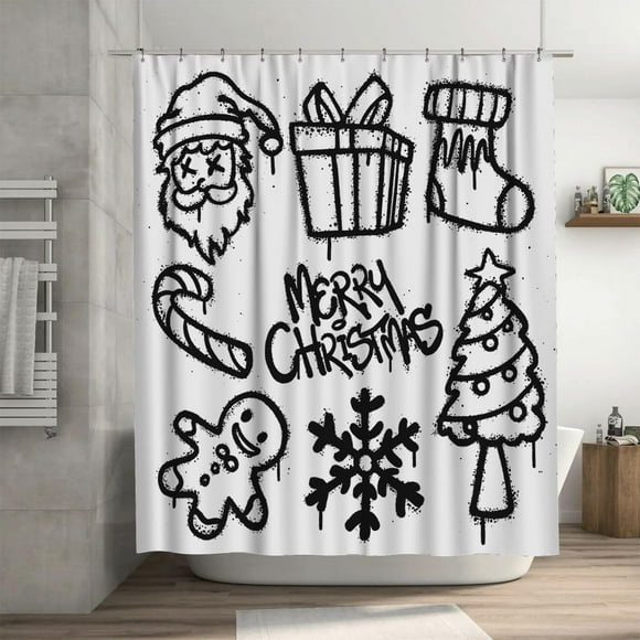 Ensemble de Rideau de Douche avec 12 Crochets, Rideaux de Bain Tissu Polyester Imperméable, Épouse Noël Graffiti Peinture en Vaporisateur Décoration de Salle de Bain Baignoires Lavable Tissu Durable, 72 Pouces Lx72 L
