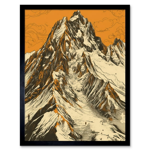 K2 Mountain Peak Summit Climbers White and Orange Art Print Framed Poster Wall Decor 12x16 inch