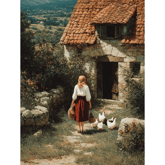 Cottage Girl with Chickens Canvas Wall Art, Rustic Farmhouse Pastoral Landscape Home Wall Decor