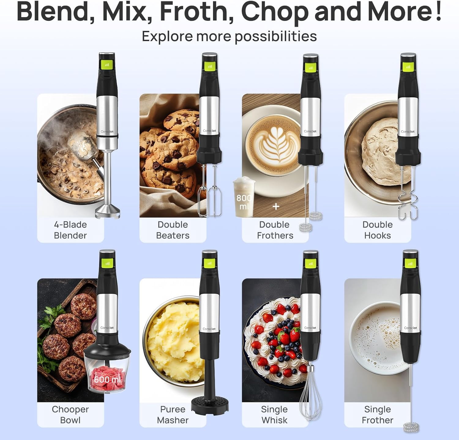 10-in-1 Immersion Blender Handheld  1100W with Stainless Steel Shaft,  Control, 800ml Beaker, Chopper & Attachments for Smoothies Soups