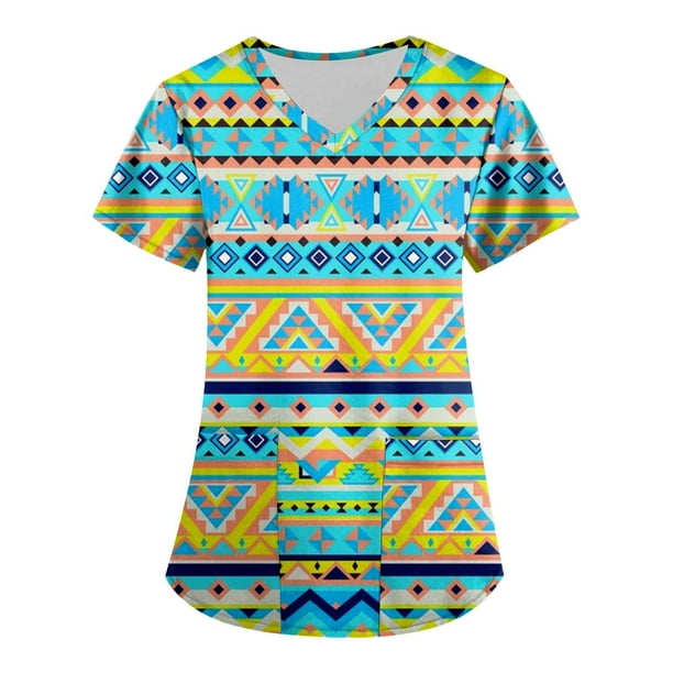 TQWQT Women Aztec Prined Scrubs Plus Size Short Sleeve V Neck