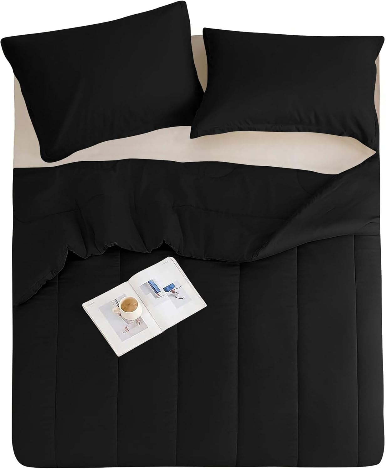 5 Piece Luxury Thicker Pattern Comforter Set, 800 TC, 100% Egyptian Cotton, Super King Size Black Solid Color