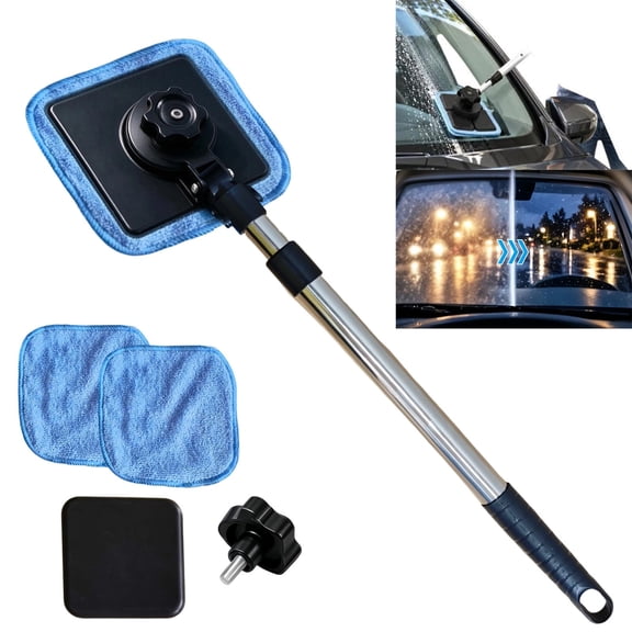 Extra-Long Dual Magnetic Car Windshield Window Cleaner Tool Kit Interior Dusting Brush, Extendable Handle, Reusable Microfiber Pad, Streak & Lint-free, Auto Glass Wiper Brush for Car & Home
