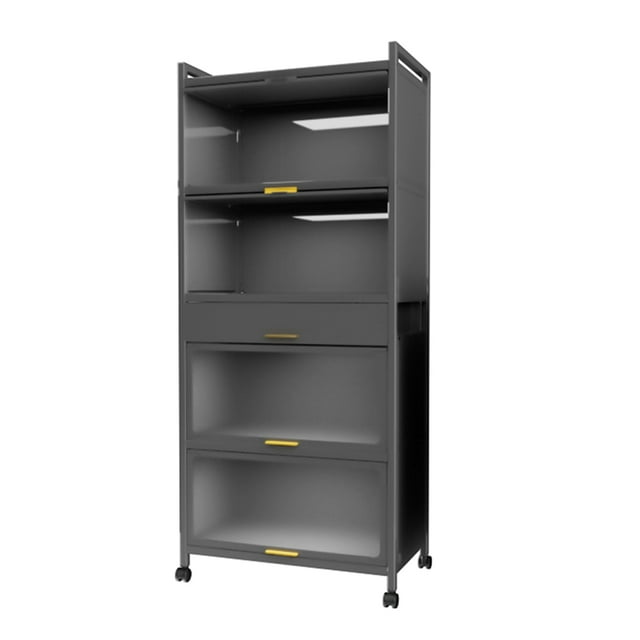 Carbon Steel Storage Bins With Lids,5-Tier Kitchen Organizer Shelf with Tempered Glass Dustproof Cabinet Door and Brakeable Casters,Kitchen Organizer Shelf for Kitchen Bedroom Livingroom 27.6‘’W