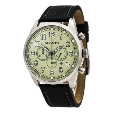 Szanto 2003 Men's 2000 Series Light Green Dial Black Leather Strap Chronograph Watch