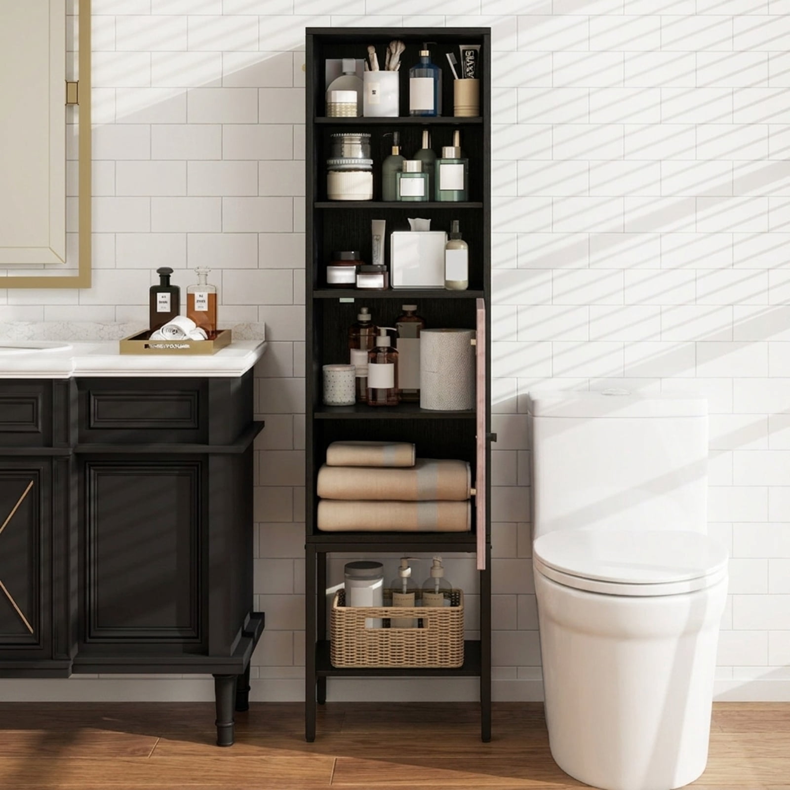 Vebreda Freestanding Bathroom Storage Cabinet, 57 Inch Bathroom Tall Cabinet with 1 Door and 4 Shelves Narrow Storage Unit with Adjustable