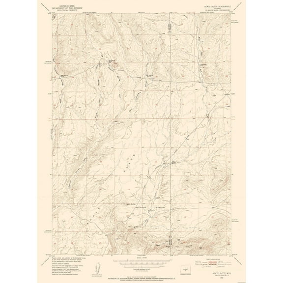 Topographical Map - Agate Butte Wyoming Quad - USGS 1952 - 23 x 31.14 - Vintage Wall Art