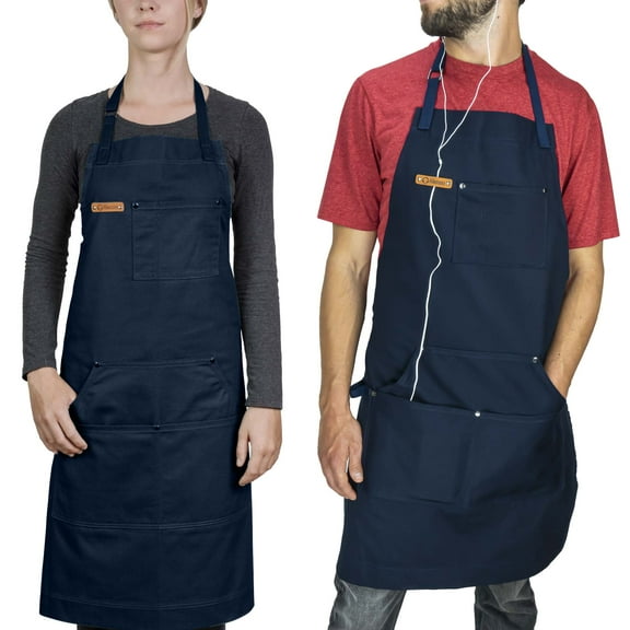 Chef Pomodoro Chef Kitchen Apron for Men and Women with Pockets for Home, BBQ, Grill (Navy Blue)
