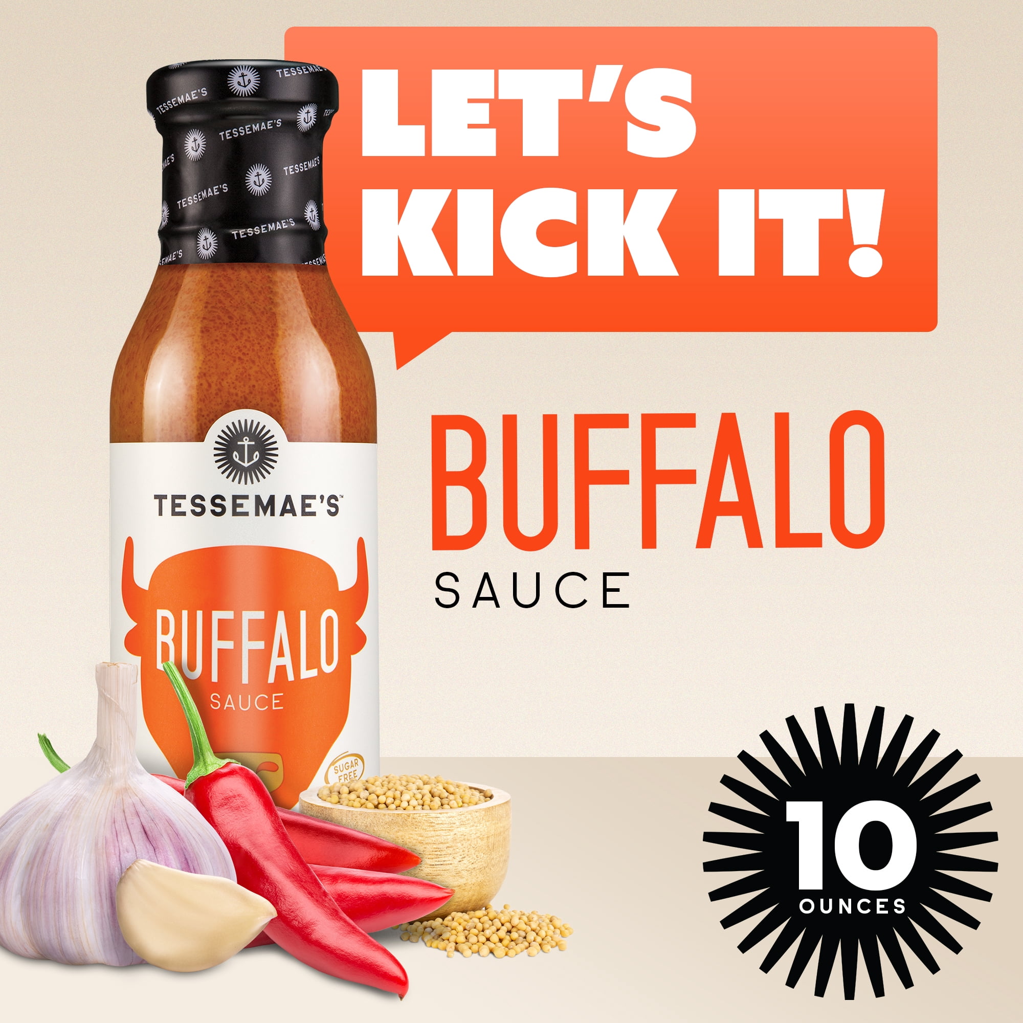 Tessemae's Organic Buffalo Hot Sauce and Marinade, 10 fl oz, Vegan Wing Sauce, Sugar Free, Dairy Free, Gluten Free, Whole30 Approved, Keto Friendly