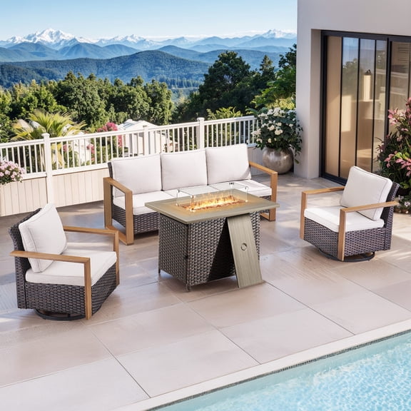 Gymojoy 4 Pieces Patio Furniture Sets with 41 inch 50,000BTU Fire Pit Table, Wicker Outdoor Conversation Sets with 2 Swivel Rocker Chairs, 1 Sofa and Cushion for Balcony Deck
