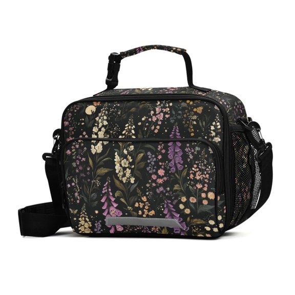 FORMRS Student Lunch Bag Insulated Reusable Cooler Box with Zipper Pockets, Purple Floral Pattern