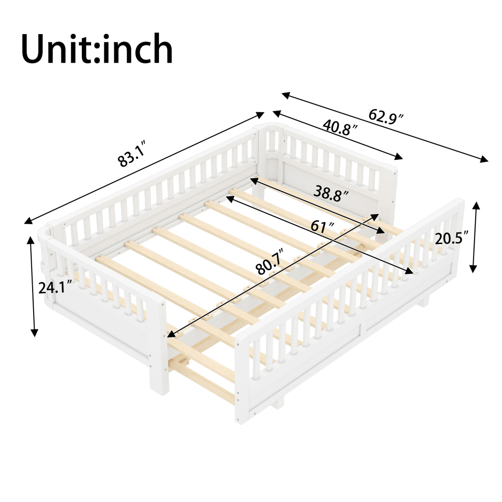 Twin XL Montessori Floor Bed or Queen Platform Bed for Kids, Solid Wood Twin XL Bed Frame with Guardrails, 2-in-1 Convertible Toddler Bed Frame, White