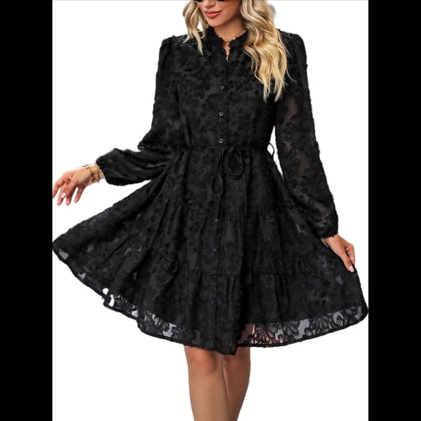 Vestidos de Otoño 2025 de Larga para Mujer, Minivestido Informal de Corte A con Botones y Cinturón, para Otoño e Invierno. Negro S