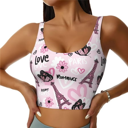 Jgfou Eiffel Tower and Butterflies Print Womens Sports Bra - Padded Workout Sports Bras Crop Tank Top