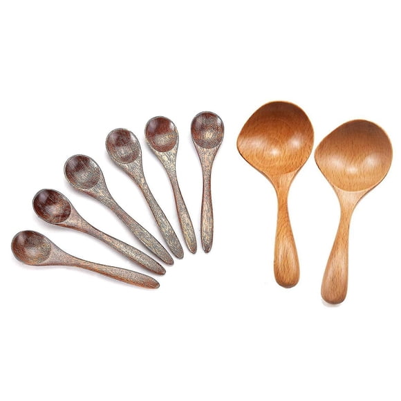 6x Small Wooden Spoons 2 Pcs Wooden Soup Ladle Long Handle Large Spoon Wood Scoop Kitchen Serving